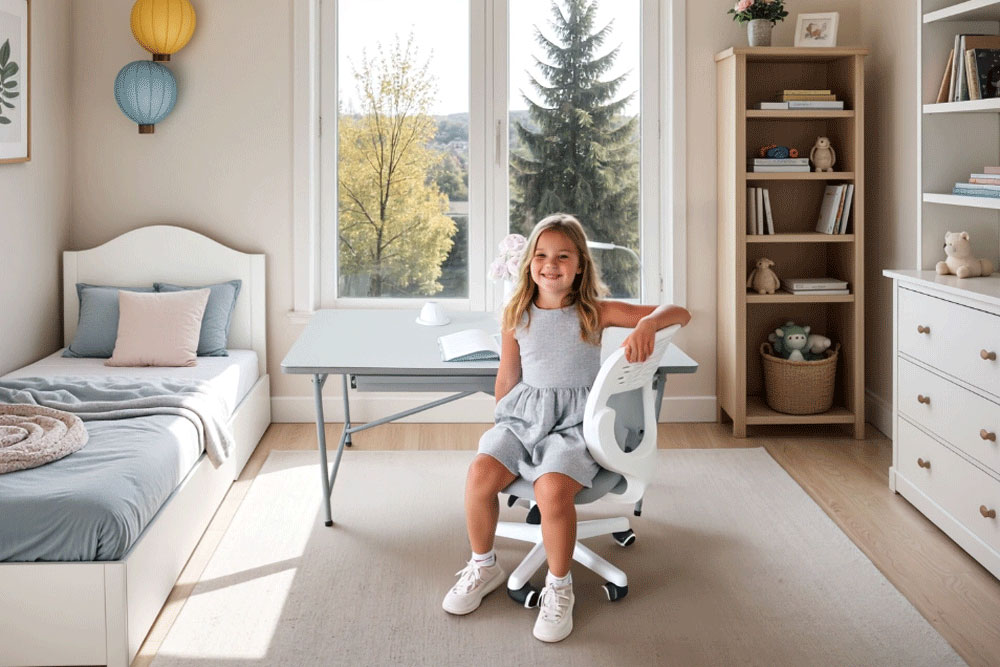 Kinderschreibtisch PREMIUM im Set mit Stuhl TADO / SALTO Kindermöbel München / inspiriert von Eiermann-Tisch / mit Raumbild