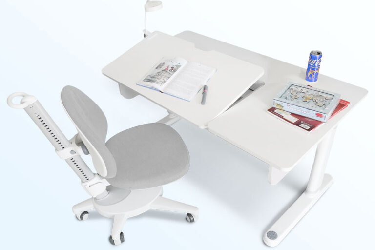 Höhenverstellbarer Kinderschreibtisch SINO und ergonomischer, höhenverstellbarer Kinderdrehstuhl SINO grau / SALTO Kindermöbel München / Moll