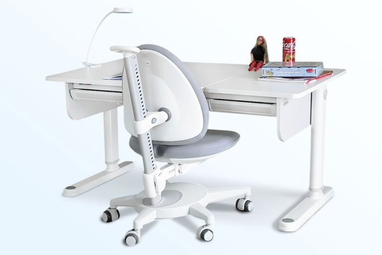 Höhenverstellbarer Kinderschreibtisch SINO und ergonomischer, höhenverstellbarer Kinderdrehstuhl SINO grau / SALTO Kindermöbel München / Moll