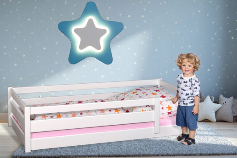 Kinderbett PICCO-180 in Montessori-Höhe bodennah aufgebaut / SALTO Kindermöbel München