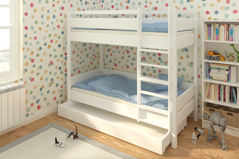 Kinderbett KINTO / Etagenbett mit Schublade / Buchenholz weiß lackiert / SALTO Kindermöbel München