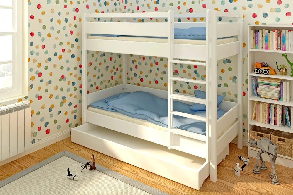 Das weiß lackierte Etagenbett Kinto mit Gästebett. Hersteller: SALTO - Möbel für Kinder München