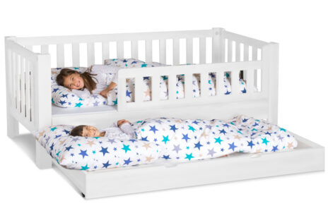 weiß lackiertes Kinderbett Listo mit Gästebett, aus weiss lackierter Buche. Hersteller: SALTO - Möbel für Kinder / München