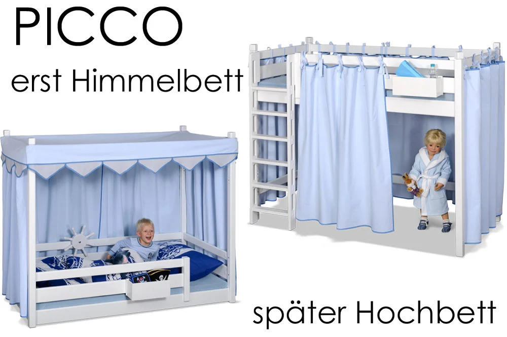 das mitwachsende Kinderbett 180cm aus massivem Buchenholz ist erst ein Himmelbett und später ein Hochbett. Hersteller: SALTO - Möbel für Kinder in München