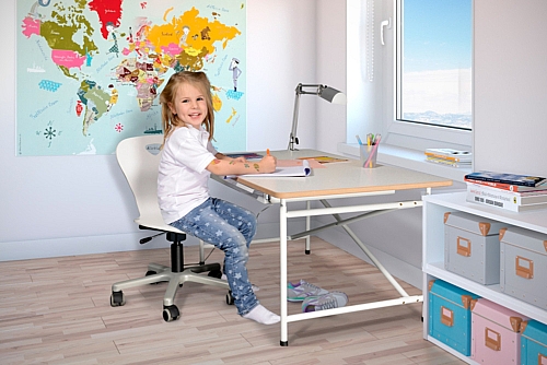 Kinderschreibtisch mit weisser Platte und Schublade - ähnlich Eiermann-Schreibtisch SALTO München