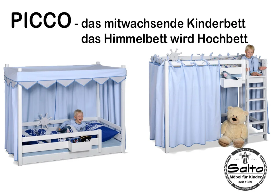 das mitwachsende Kinderbett PICCO 180 aus massivem Buchenholz ist erst ein Himmelbett und später ein Hochbett. Hersteller: SALTO - Möbel für Kinder in München